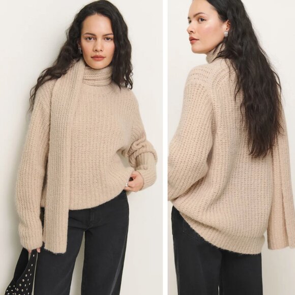 Reformation Spence Scarf Sweater Wheat Tan Knit Alpaca Wool Oversized Cozy Warm - Picture 1 of 10